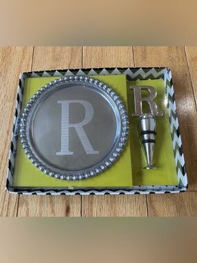 Kirkland’s Monogram 'R' Silver Wine Coaster & Bottle Stopper Set